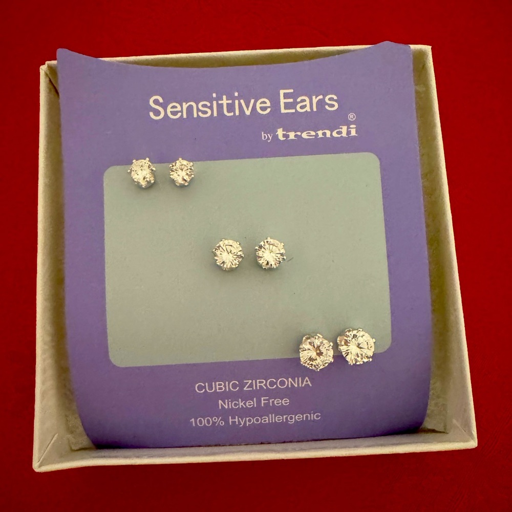 Sensitive Ears by Trendi. NEW Cubic Zirconia earrings, 3 pair. Hypoallergenic